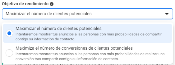 objetivo rendimiento facebook lead