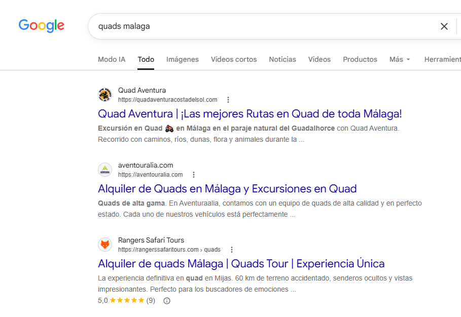 Resultados de Google para quads málaga: AvenTouralia posicionada en la primera página.