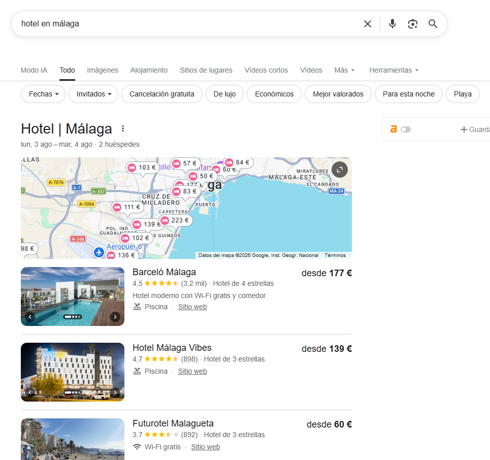 Resultado de Google para «hotel en málaga» con Vibes Hoteles posicionado
