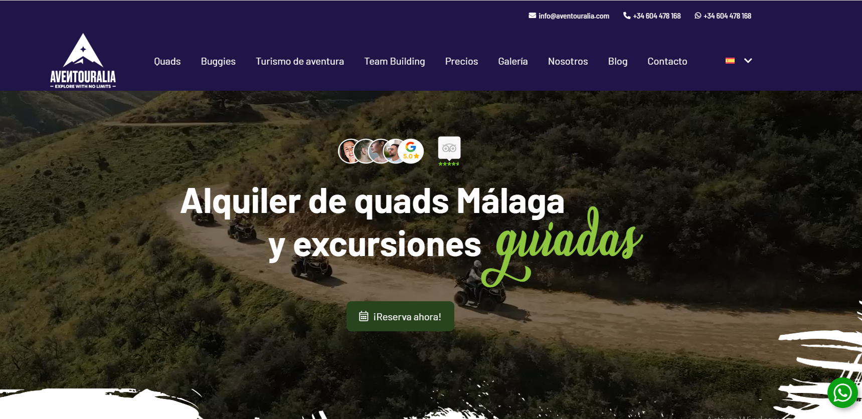 Home de la nueva web de AvenTouralia: alquiler de quads en Málaga y excursiones guiadas.