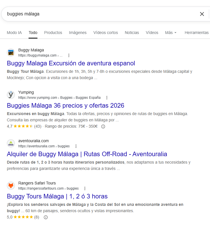 SERP de Google para 'buggies málaga' con Rangers Safari Tours en primera página.